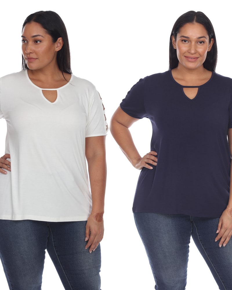Front of a model wearing a size 2X Essential 2 Pack White Keyhole Neck Top in White Navy by White Mark. | dia_product_style_image_id:249881